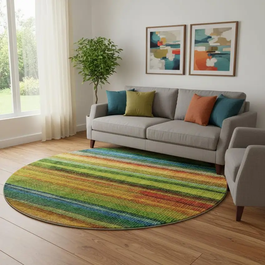 8' Green And Teal Striped Washable Round Rug With UV Protection Photo 2