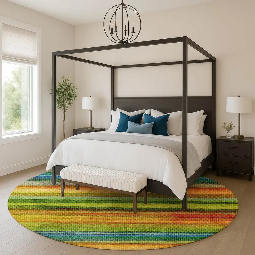 8' Green And Teal Striped Washable Round Rug With UV Protection Photo 5