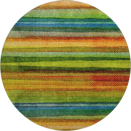 8' Green And Teal Striped Washable Round Rug With UV Protection Photo 1