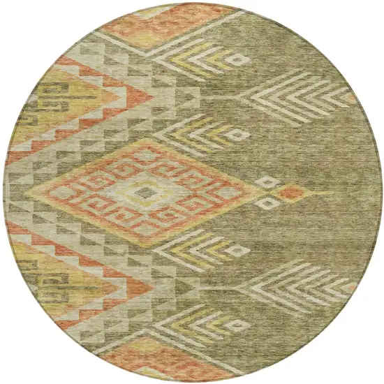 8' Green And Terra Cotta Round Southwestern Washable Indoor Outdoor Area Rug Photo 2