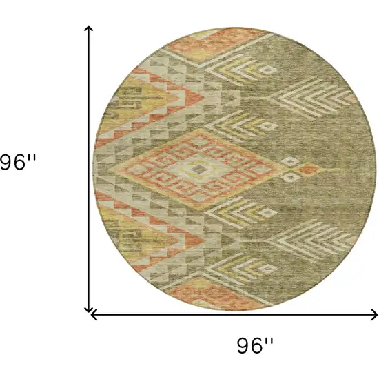 8' Green And Terra Cotta Round Southwestern Washable Indoor Outdoor Area Rug Photo 8
