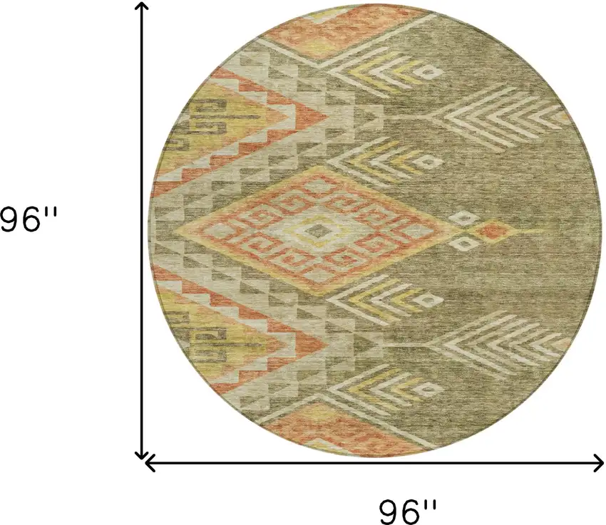 8' Green And Terra Cotta Round Southwestern Washable Indoor Outdoor Area Rug Photo 8