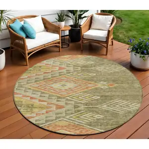 Photo of 8' Green And Terra Cotta Round Southwestern Washable Indoor Outdoor Area Rug