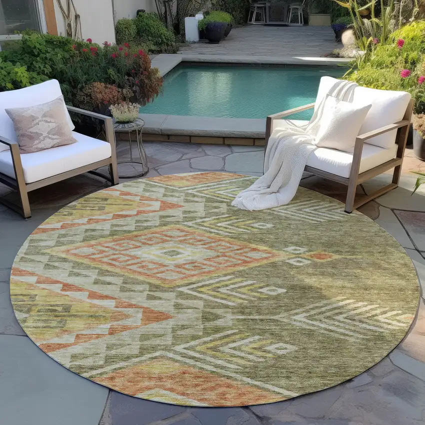 8' Green And Terra Cotta Round Southwestern Washable Indoor Outdoor Area Rug Photo 8