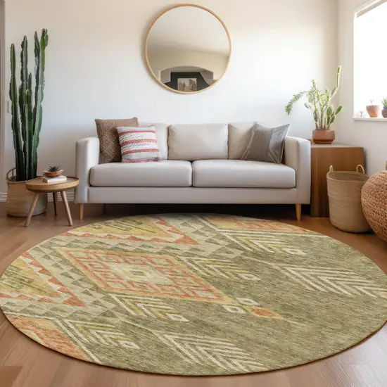 8' Green And Terra Cotta Round Southwestern Washable Indoor Outdoor Area Rug Photo 9
