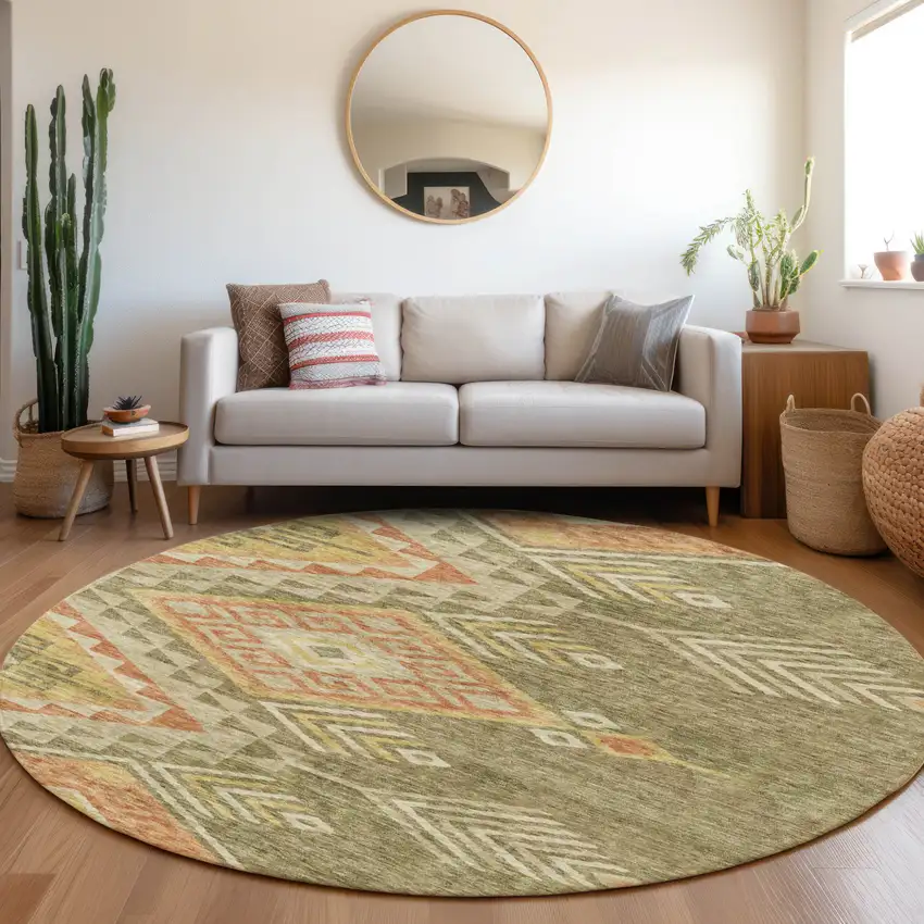 8' Green And Terra Cotta Round Southwestern Washable Indoor Outdoor Area Rug Photo 9