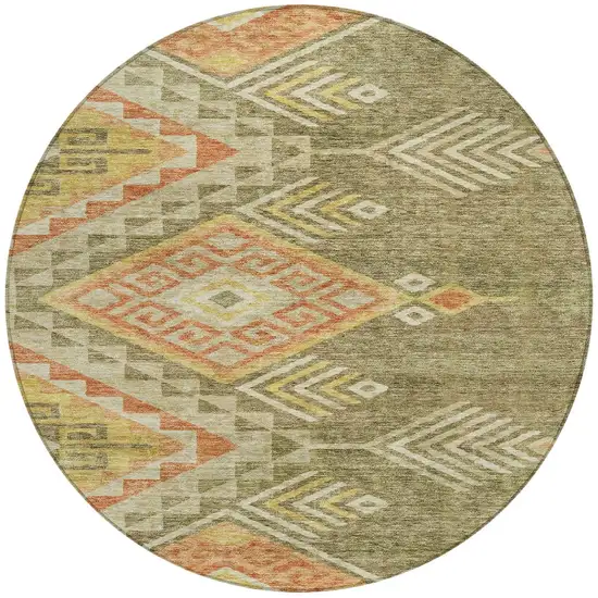 8' Green And Terra Cotta Round Southwestern Washable Indoor Outdoor Area Rug Photo 7