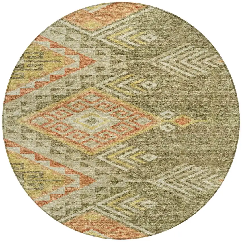 8' Green And Terra Cotta Round Southwestern Washable Indoor Outdoor Area Rug Photo 7