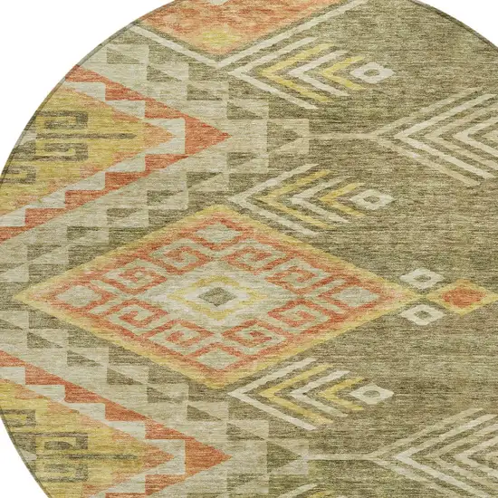 8' Green And Terra Cotta Round Southwestern Washable Indoor Outdoor Area Rug Photo 6