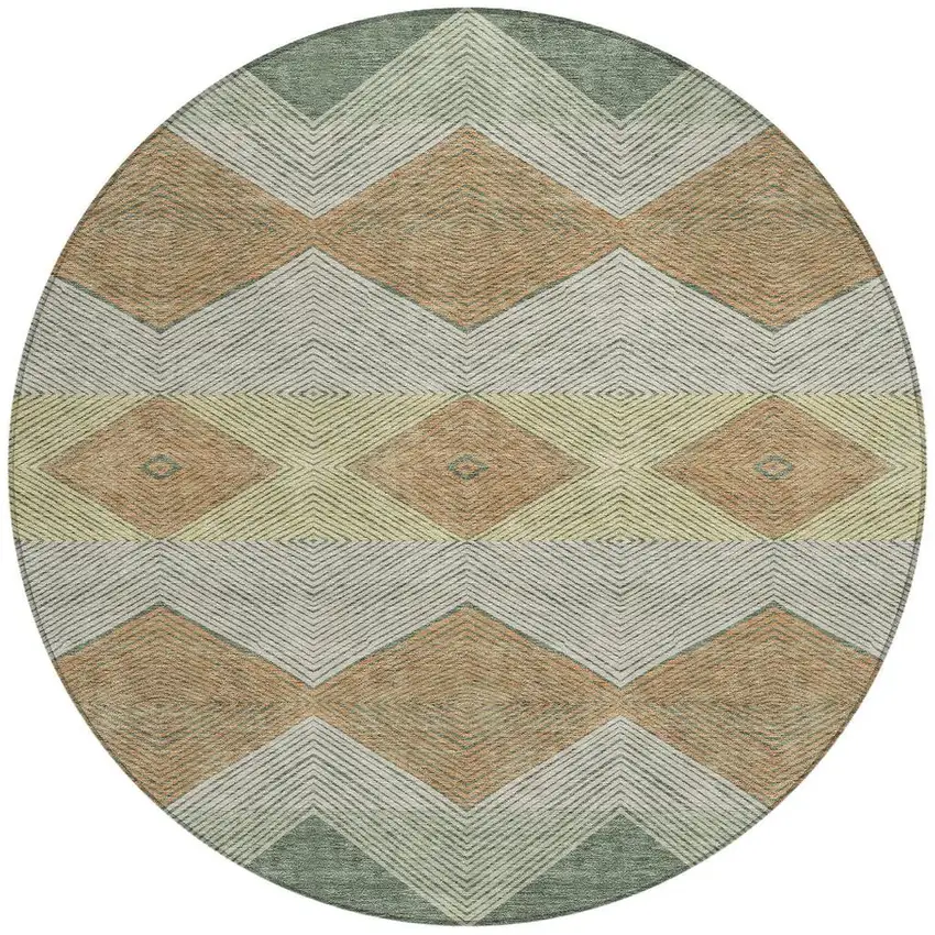 8' Green And Wheat Round Geometric Washable Indoor Outdoor Area Rug Photo 3
