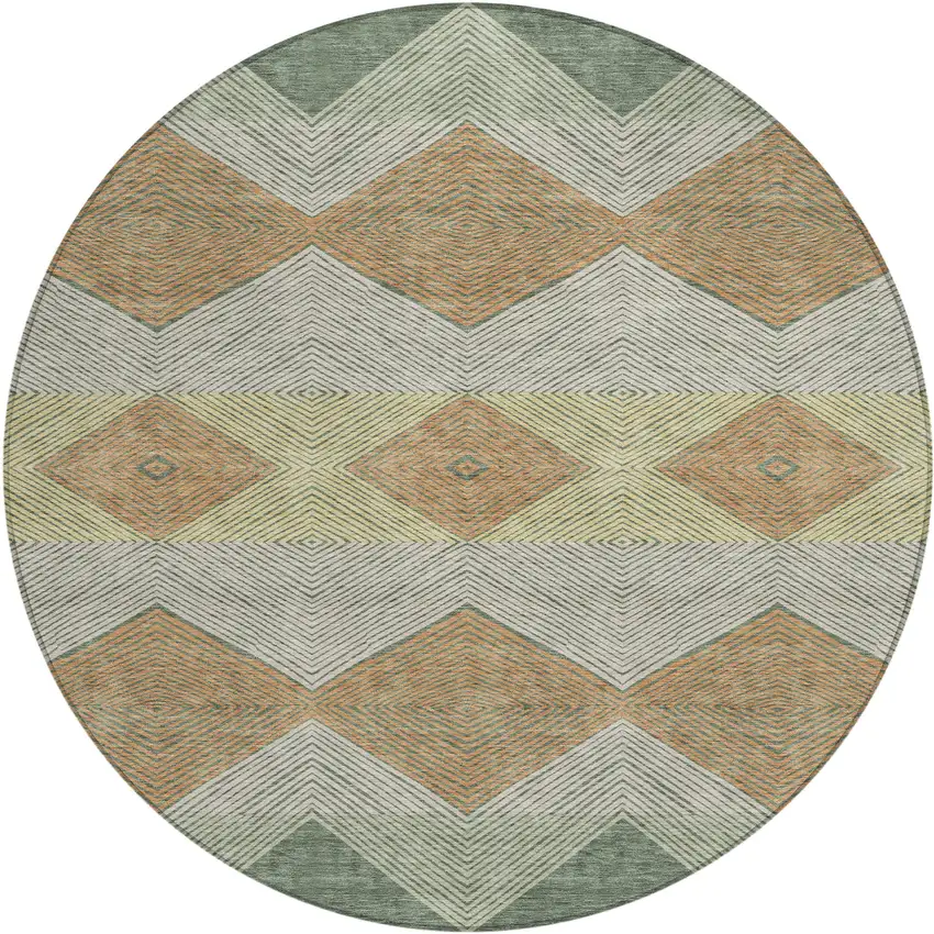 8' Green And Wheat Round Geometric Washable Indoor Outdoor Area Rug Photo 1