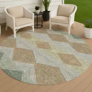 Photo of 8' Green And Wheat Round Geometric Washable Indoor Outdoor Area Rug