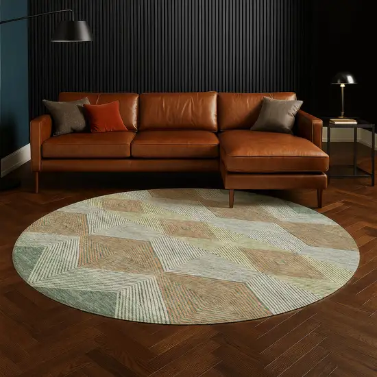 8' Green And Wheat Round Geometric Washable Indoor Outdoor Area Rug Photo 5