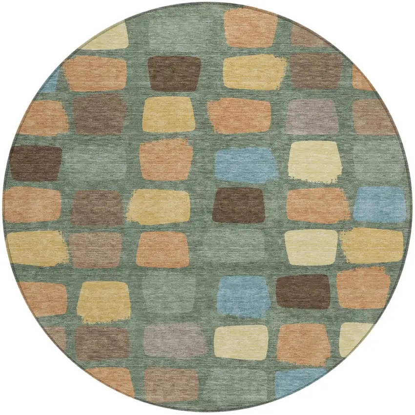 8' Green And Wheat Round Geometric Washable Indoor Outdoor Area Rug Photo 2