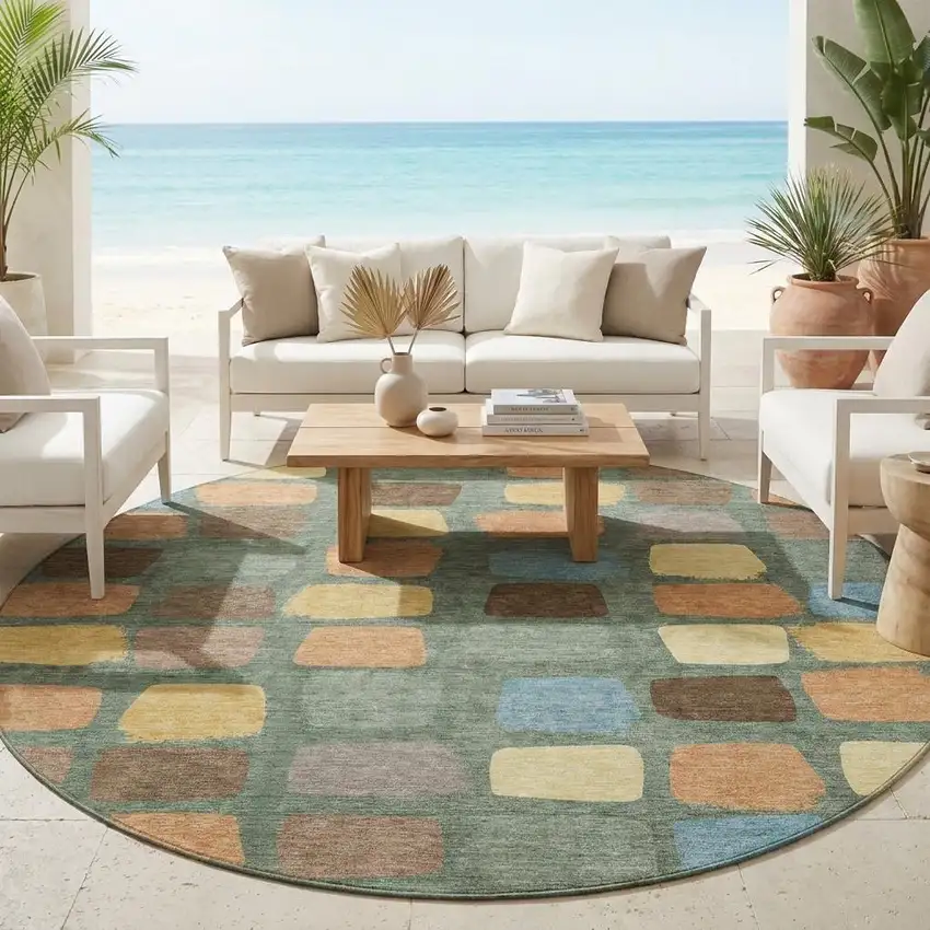 8' Green And Wheat Round Geometric Washable Indoor Outdoor Area Rug Photo 1