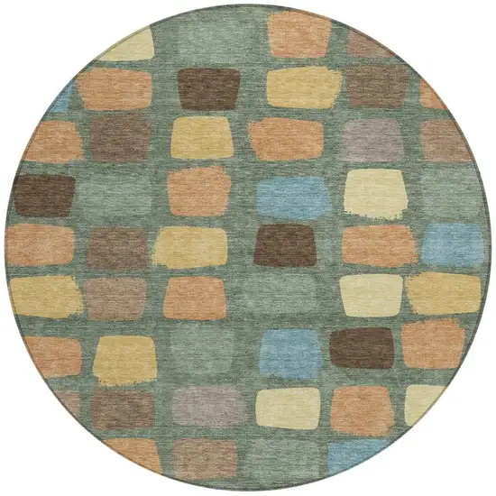 8' Green And Wheat Round Geometric Washable Indoor Outdoor Area Rug Photo 4