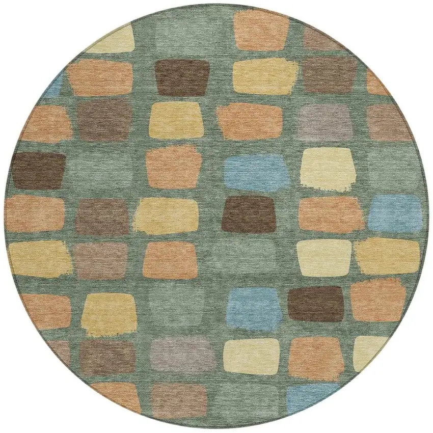 8' Green And Wheat Round Geometric Washable Indoor Outdoor Area Rug Photo 4