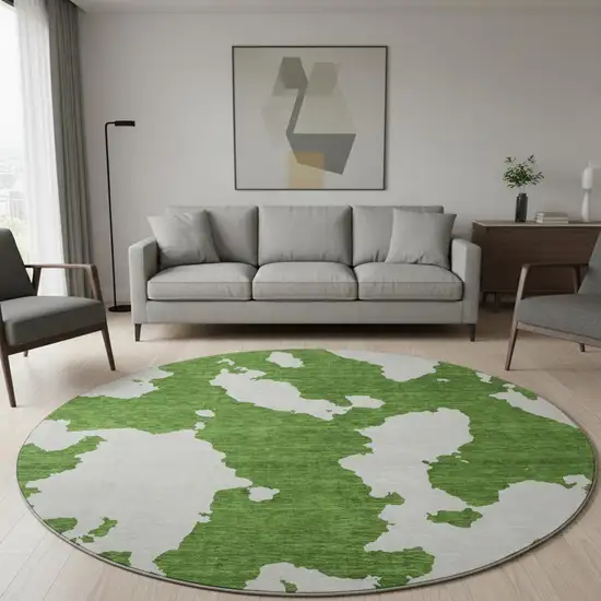 8' Green And White Abstract Washable Round Rug With UV Protection Photo 2