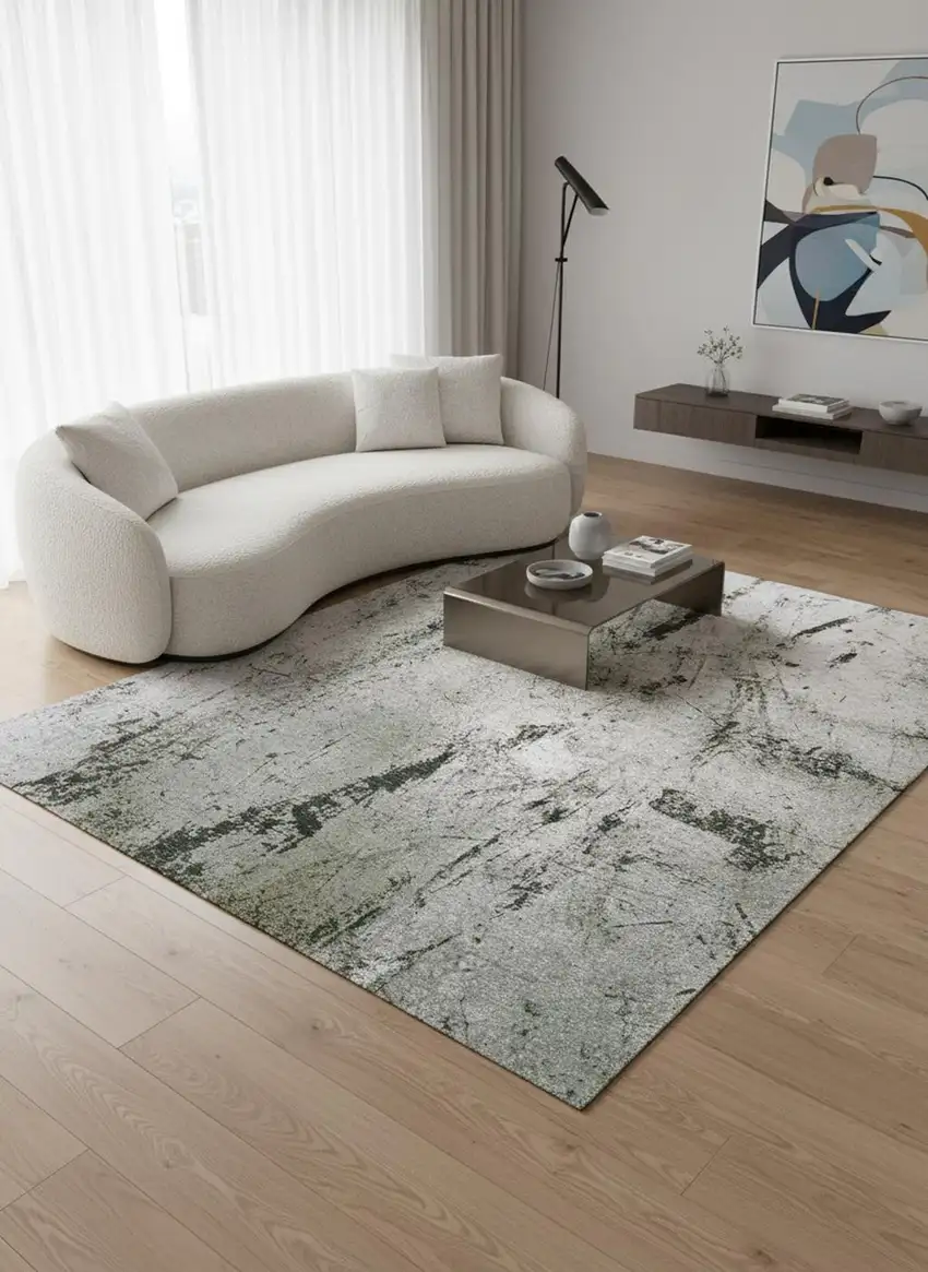 8' Green And White Abstract Washable Round Rug With UV Protection Photo 1