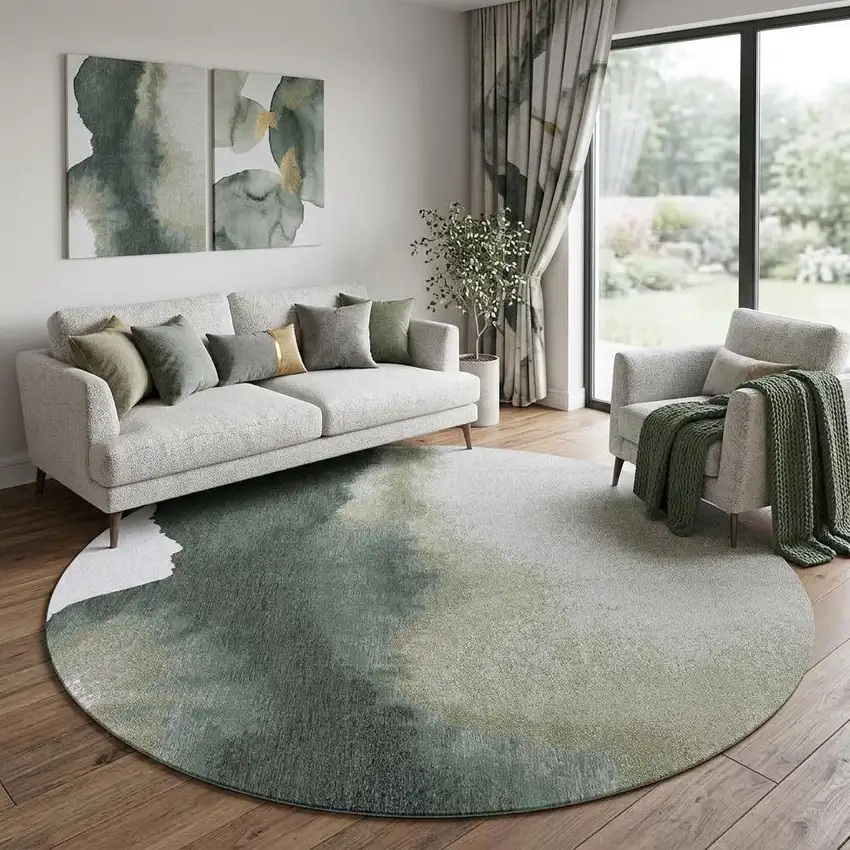 10' Green And White Abstract Washable Round Rug With UV Protection Photo 1