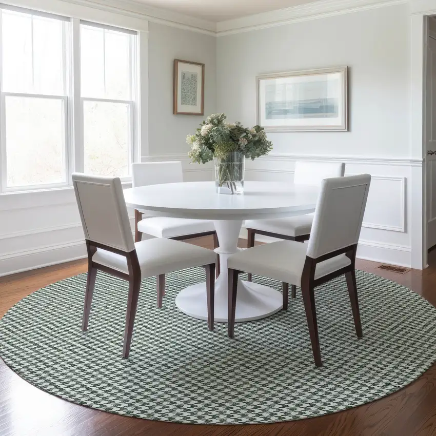 8' Green And White Houndstooth Washable Round Rug With UV Protection Photo 4