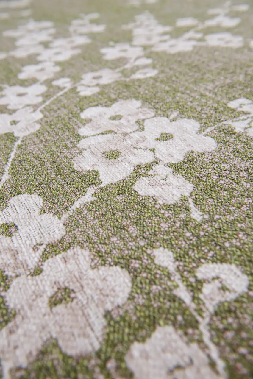 5' Green And White Oriental ,Washable, Non Skid Round Rug Photo 9