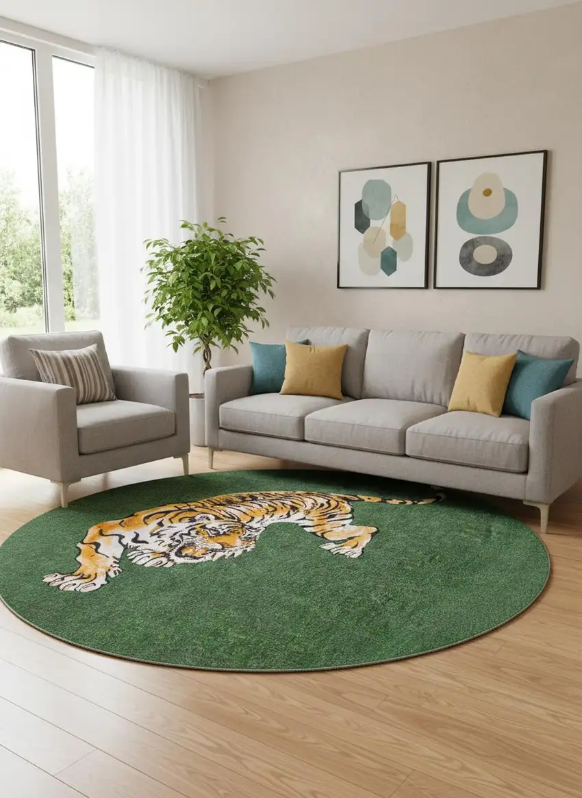 8' Green And Yellow Abstract Washable Round Rug Photo 1