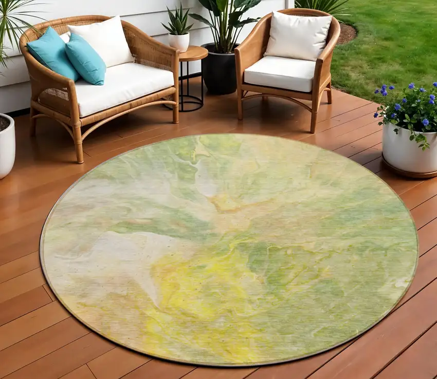 8' Green And Yellow Round Abstract Washable Indoor Outdoor Area Rug Photo 1