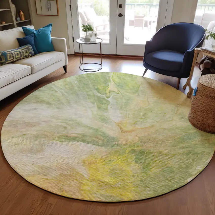 8' Green And Yellow Round Abstract Washable Indoor Outdoor Area Rug Photo 7