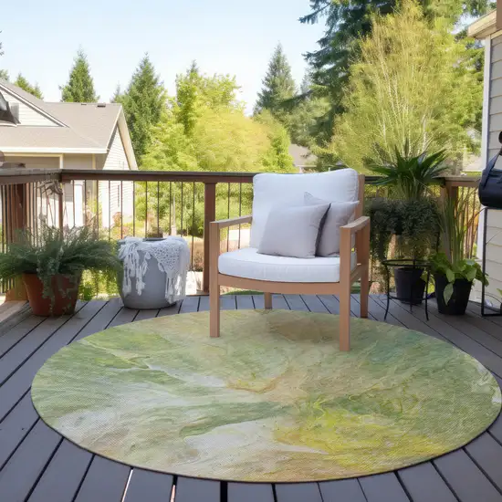 8' Green And Yellow Round Abstract Washable Indoor Outdoor Area Rug Photo 6