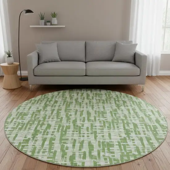 8' Green Artichoke Green And Ivory Abstract Geometric Washable Round Rug With UV Protection Photo 2