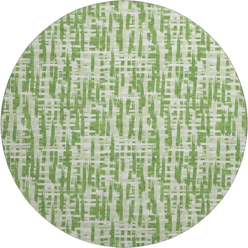 8' Green Artichoke Green And Ivory Abstract Geometric Washable Round Rug With UV Protection Photo 1