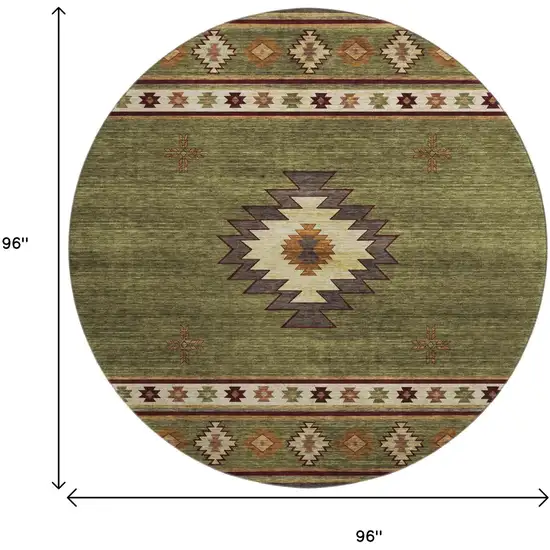 8' Green Beige And Brown Geometric Washable Round Rug With UV Protection Photo 3