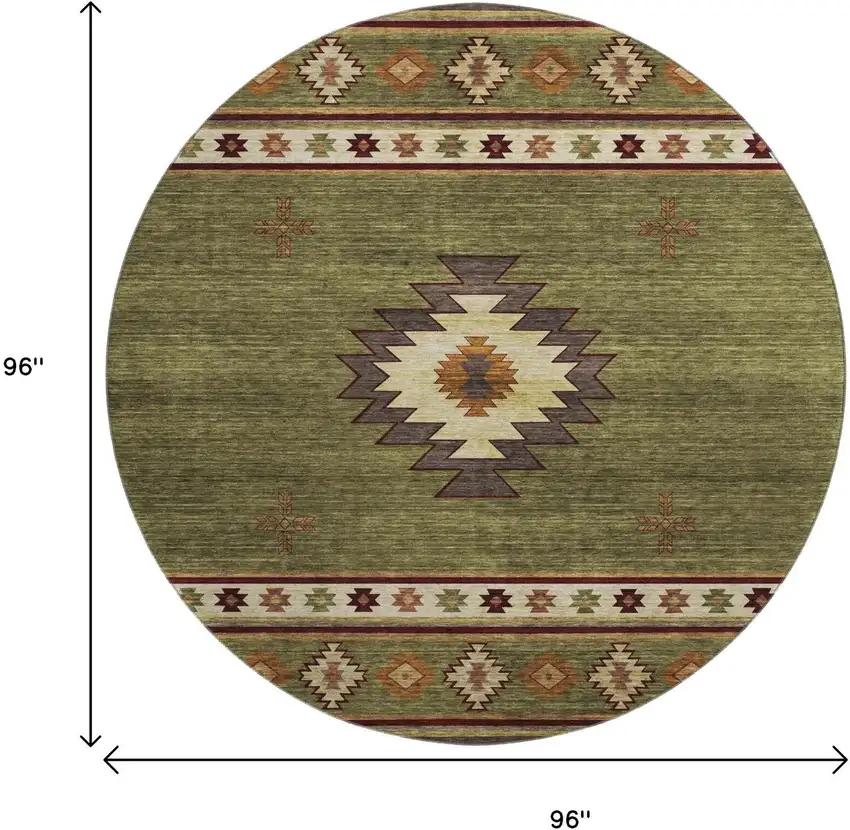 8' Green Beige And Brown Geometric Washable Round Rug With UV Protection Photo 3