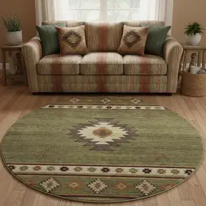 Photo of 8' Green Beige And Brown Geometric Washable Round Rug With UV Protection