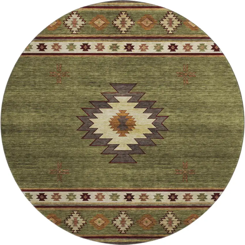 8' Green Beige And Brown Geometric Washable Round Rug With UV Protection Photo 2