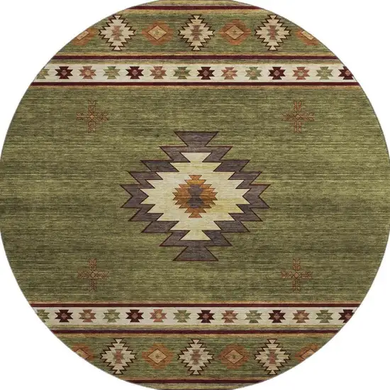 8' Green Beige And Brown Geometric Washable Round Rug With UV Protection Photo 4