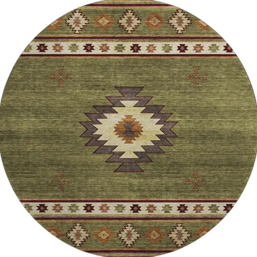 8' Green Beige And Brown Geometric Washable Round Rug With UV Protection Photo 4