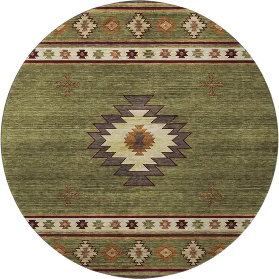 8' Green Beige And Brown Geometric Washable Round Rug With UV Protection Photo 5