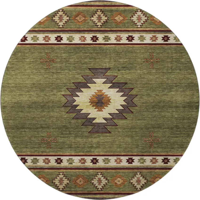 8' Green Beige And Brown Geometric Washable Round Rug With UV Protection Photo 5