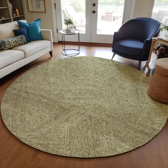 8' Green Beige And Brown Round Abstract Washable Indoor Outdoor Area Rug Photo 7
