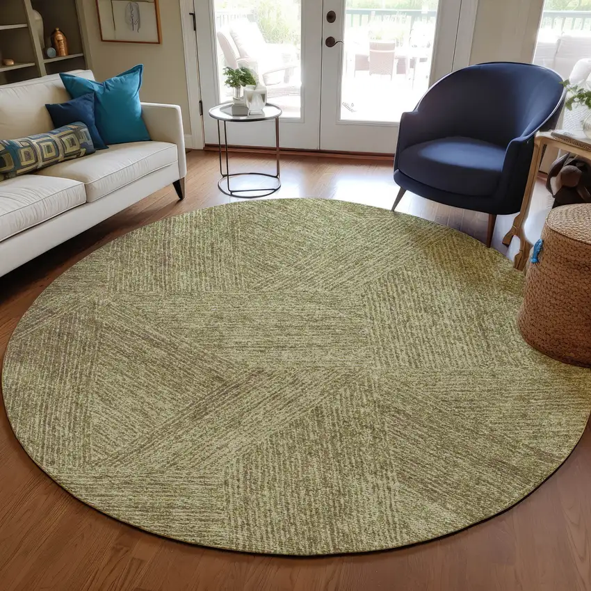 8' Green Beige And Brown Round Abstract Washable Indoor Outdoor Area Rug Photo 7