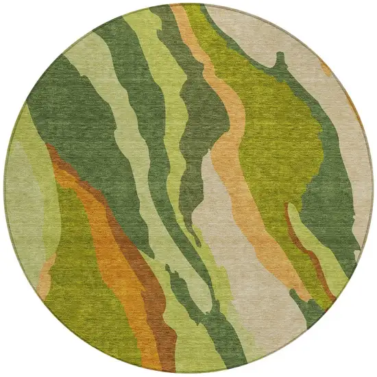 8' Green Beige And Copper Round Abstract Washable Indoor Outdoor Area Rug Photo 6