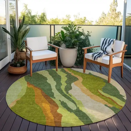 8' Green Beige And Copper Round Abstract Washable Indoor Outdoor Area Rug Photo 7