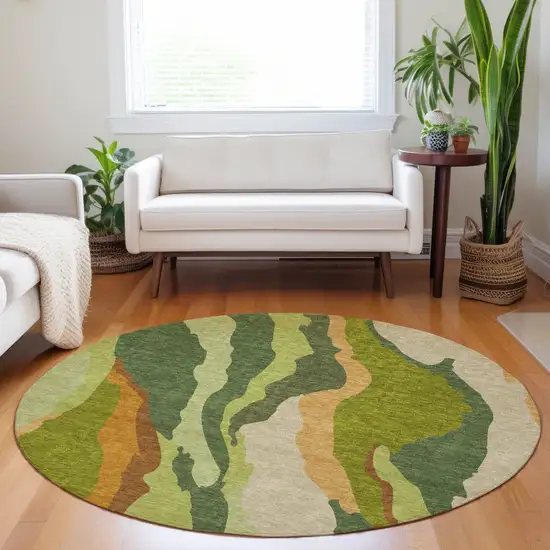 8' Green Beige And Copper Round Abstract Washable Indoor Outdoor Area Rug Photo 8