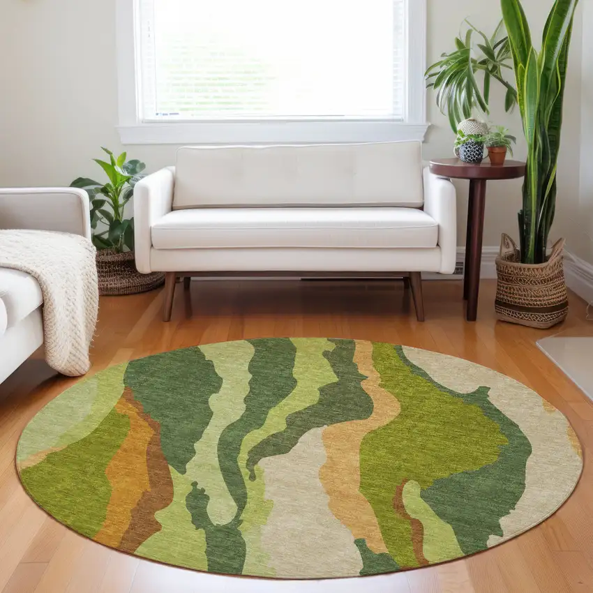 8' Green Beige And Copper Round Abstract Washable Indoor Outdoor Area Rug Photo 8