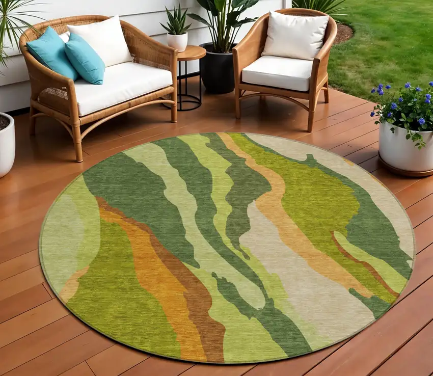 8' Green Beige And Copper Round Abstract Washable Indoor Outdoor Area Rug Photo 1