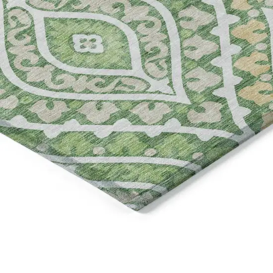 8' Green Beige And Ivory Round Floral Washable Indoor Outdoor Area Rug Photo 3