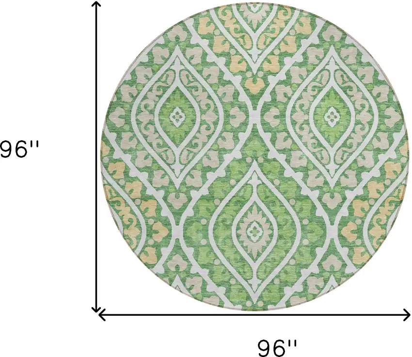 8' Green Beige And Ivory Round Floral Washable Indoor Outdoor Area Rug Photo 8