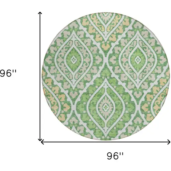 8' Green Beige And Ivory Round Floral Washable Indoor Outdoor Area Rug Photo 8